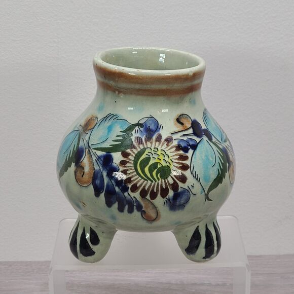 Tonala Mexican Pottery Round Footed Planter Blue Green Floral Signed CAT - Picture 2 of 8